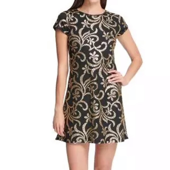Black Gold Sequin Embellished Cocktail Dress; Excellent Condition; Worn Once - Picture 2 of 14